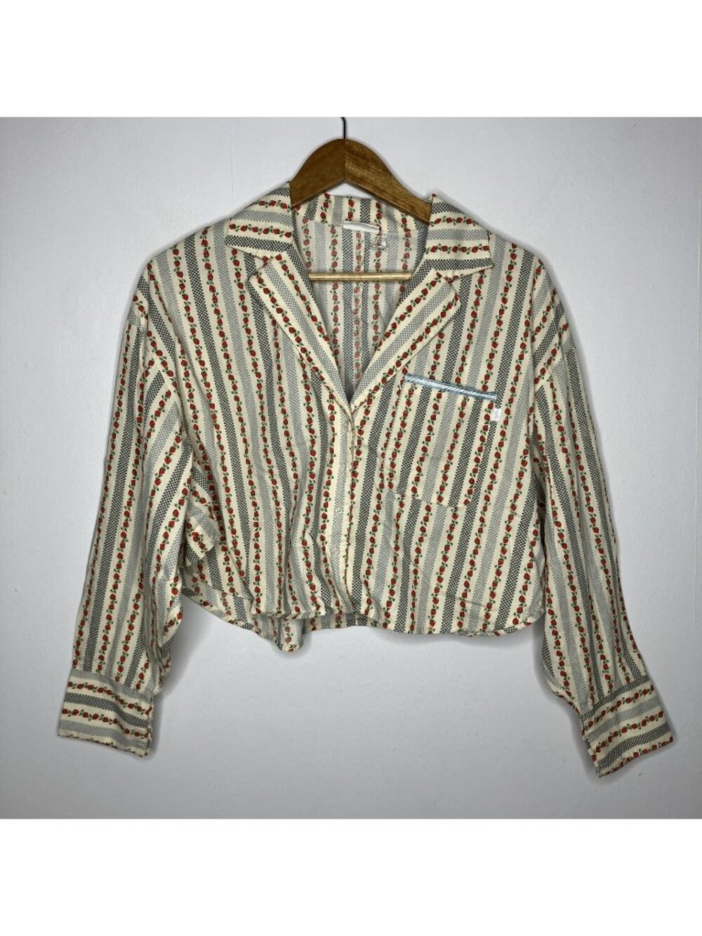 Out From Under Strawberry Striped Pajama Top Women's Crop Button Up Shirt Small
